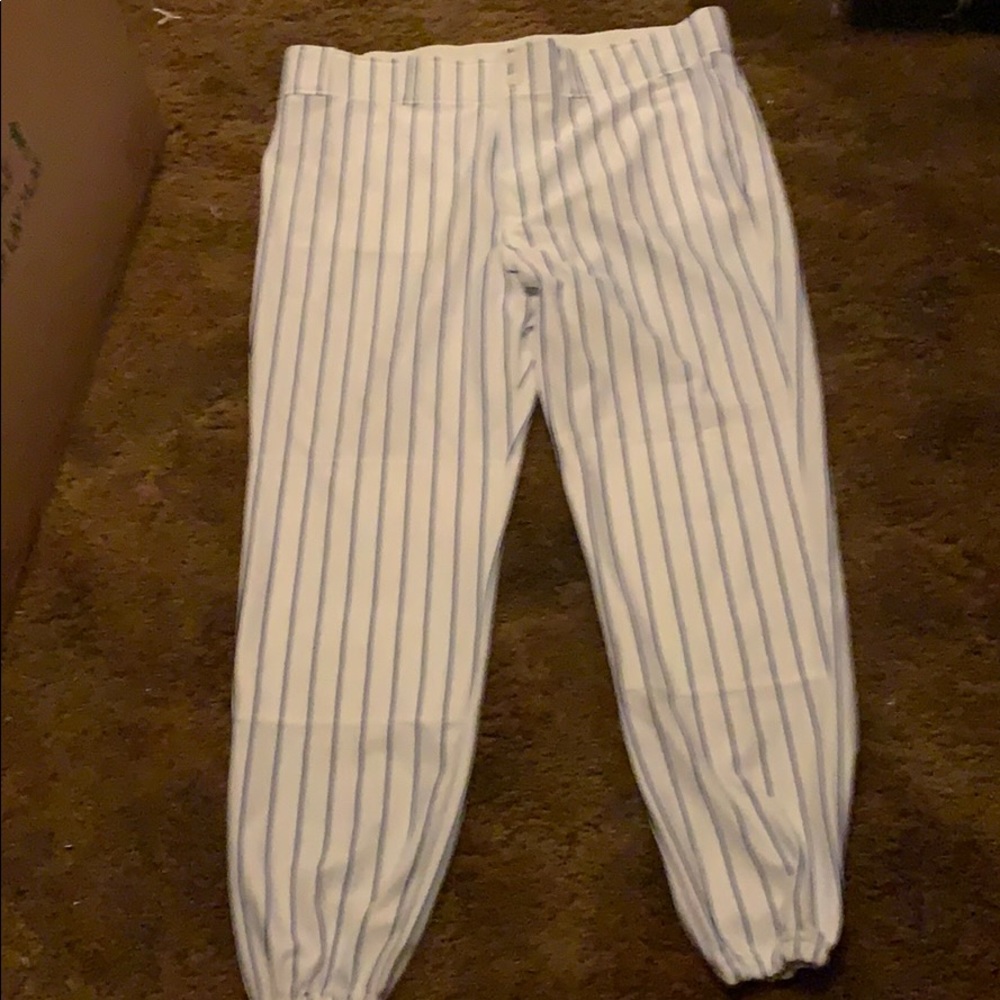 Men white w/ royal blue pinstripes softball pants